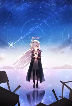 1girl absurdres black_coat black_pantyhose black_serafuku blue_archive braid closed_eyes cloud coat commentary crying full_body hair_ribbon halo highres holding holding_phone long_hair long_sleeves mountainous_horizon nanahoshi_teru neckerchief night open_clothes open_coat open_mouth outdoors pantyhose phone pink_halo plana_(blue_archive) reflection ribbon school_uniform serafuku shooting_star side_braid sky solo standing star_(sky) star_trail starry_sky very_long_hair water white_hair white_neckerchief white_ribbon