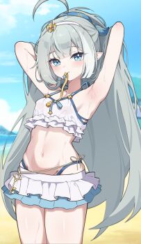 1girl absurdres ahoge armpits arms_up auk_(auk518) bikini bikini_skirt blue_eyes blue_hairband blush closed_mouth cowboy_shot day double-parted_bangs female_tyrant_(stella_sora) female_tyrant_(swimsuit)_(stella_sora) frilled_bikini frills grey_hair hairband highres loli long_hair looking_at_viewer navel outdoors pointy_ears presenting_armpit solo standing stella_sora stomach sweat swimsuit tyrant_(stella_sora) very_long_hair very_sweaty white_bikini