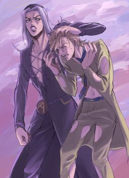 Rule 34 | 2boys, belt, blonde hair, byon, clenched teeth, closed eyes, clothing cutout, coat, commentary request, feet out of frame, hand on another's head, hands up, jojo no kimyou na bouken, leone abbacchio, long hair, long sleeves, looking down, male focus, medium hair, multiple boys, navel, necktie, open mouth, pannacotta fugo, pectoral cleavage, pectorals, ruffling hair, sky, sweat, teeth, vento aureo, white hair, yellow eyes