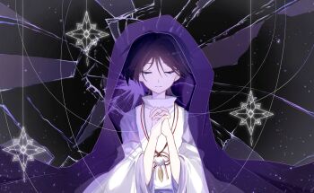 Rule 34 | 1boy, belt, black background, black bow, bow, broken glass, closed eyes, closed mouth, commentary, detached sleeves, english commentary, genshin impact, glass, gold, gradient background, grey background, hair between eyes, hands up, highres, jewelry, leaf, long sleeves, mandarin collar, necklace, own hands together, pom pom (clothes), purple belt, purple hair, purple shirt, red bow, scaraimissu, scaramouche (genshin impact), scaramouche (kabukimono) (genshin impact), shirt, short hair, snowflakes, solo, standing, veil, vest, white vest, wide sleeves