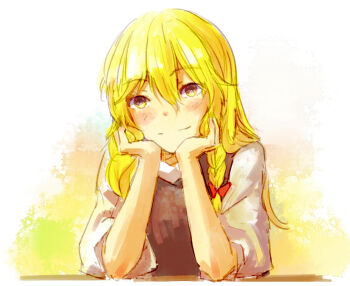 Rule 34 | 1girl, bigreen, black vest, blonde hair, blush, bow, braid, commentary, hair bow, head rest, kirisame marisa, long hair, no headwear, side braid, single braid, smile, solo, touhou, vest, yellow eyes