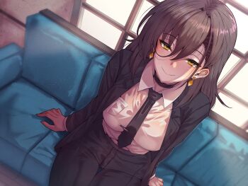 1girl black_hair black_jacket black_necktie black_pants breast_pocket breasts closed_mouth collared_shirt commentary_request couch day earrings from_above hair_between_eyes highres indoors jacket jewelry large_breasts long_hair long_sleeves looking_at_viewer necktie on_couch open_clothes open_jacket original pants pocket shirt sitting smile solo wakura_(gcdan) white_shirt window yellow_eyes