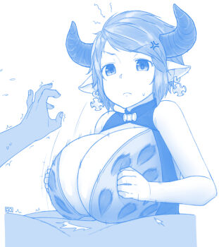 1boy 1girl angry animal_print bar_censor bare_arms bare_shoulders blush breasts censored cleavage earrings ekz_(robotekz) granblue_fantasy highres huge_breasts jewelry large_breasts leopard_print monochrome paizuri short_hair simple_background sturm_(granblue_fantasy) sweat tomboy white_background