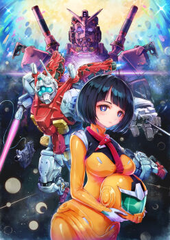 1girl assault_visor bilingual_commentary black_hair blue_eyes blue_visor blunt_bangs blush_stickers bob_cut bodysuit breasts bright_pupils closed_mouth commentary commentary_request energy_sword english_commentary english_text explosion gelgoog gelgoog_(gquuuuuux) gundam gundam_gquuuuuux helmet highres holding holding_unworn_helmet holding_sword holding_weapon kodue55 large_breasts looking_at_viewer mecha mecha_pilot_suit mixed-language_commentary mobile_suit normal_suit_(gundam) pilot_helmet purple_eyes radio_antenna red_gundam robot science_fiction shiiko_sugai short_hair skin_tight space spacesuit sword translation_request unworn_headwear unworn_helmet upper_body v-fin watermark weapon white_pupils wire yellow_bodysuit zeknova
