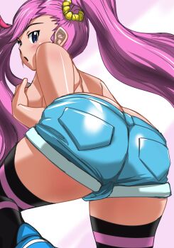 1girl ass back bandai bare_back blue_eyes blush breasts butt_crack covering_breasts covering_privates curvy digimon digimon_universe:_appli_monsters female_focus highres hinokawa_jun hip_focus huge_ass karan_eri large_breasts legs long_hair looking_at_viewer looking_back no_bra open_mouth pink_hair shiny_skin short_shorts shorts solo striped_clothes striped_thighhighs thick_thighs thighhighs thighs topless_female twintails wide_hips