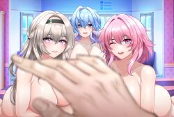 Rule 34 | aged down, breasts, caelus (honkai: star rail), cleavage, completely nude, d.d.g (ddg3420), firefly (honkai: star rail), highres, honkai: star rail, honkai (series), large breasts, long hair, looking at viewer, march 7th (honkai: star rail), multiple girls, naughty face, nude, robin (honkai: star rail), short hair, smile, trailblazer (honkai: star rail)