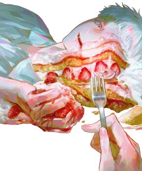 absurdres cake candy_gore carl_4 collared_shirt commentary food fork highres hikaru_ga_shinda_natsu holding holding_cake holding_food holding_fork illusion_cake indou_hikaru looking_at_viewer open_mouth pov pov_hands red_pupils reflection shirt short_hair simple_background solo_focus strawberry_cake symbol-only_commentary tsujinaka_yoshiki white_background white_hair white_shirt