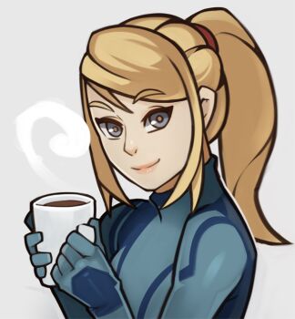 Rule 34 | blonde hair, blue eyes, coffee, coffee mug, cup, looking at viewer, metroid, mug, nintendo, ponytail, samus aran, simple background, splashbrush, steam, zero suit