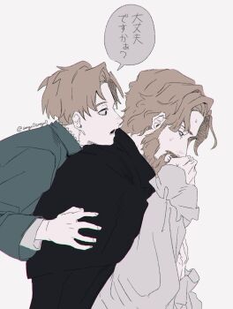 Rule 34 | 2boys, amgn0amgn0, beard, brown hair, chi.: chikyuu no undou ni tsuite, commentary request, facial hair, from side, green jacket, highres, jacket, male focus, multiple boys, nowak (chi.), open mouth, rafal (chi.), short hair, simple background, speech bubble, sweat, translation request, twitter username, upper body, white background