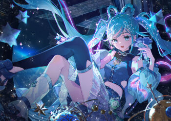 1girl asymmetrical_legwear bare_shoulders black_thighhighs blue_eyes blue_hair blue_jacket blue_shirt blue_skirt braid braided_hair_rings breasts crop_top earrings hair_ornament hair_rings hatsune_miku heart highres holding jacket jewelry long_hair looking_at_viewer magical_mirai_(vocaloid) magical_mirai_miku magical_mirai_miku_(2025) midriff open_clothes open_jacket open_mouth ouu_min planet pleated_skirt shirt shoes single_thighhigh skirt sleeveless sleeveless_shirt smile socks solo space star_(sky) star_(symbol) thighhighs twintails very_long_hair vocaloid