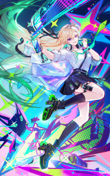 1girl absurdres black_shoes black_skirt black_socks blonde_hair breasts chinese_commentary colorful_background commentary_request earrings floating_hair full_body gradient_hair graffiti green_hair hair_between_eyes hair_ornament hands_up headphones headphones_around_neck highres holding holding_spray_can japanese_clothes jewelry long_hair looking_at_viewer lynae_(wuthering_waves) medium_breasts miko multicolored_hair parted_lips purple_eyes roller_skates sanmen shirt shoes skates skirt skull_hair_ornament smile socks solo spray_can star_(symbol) star_earrings very_long_hair white_shirt wuthering_waves