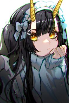 Rule 34 | 1girl, black hair, bow, closed mouth, hair bow, highres, horns, looking at viewer, maid headdress, original, rayla (rayla illust), solo, white background, yellow eyes, yellow horns