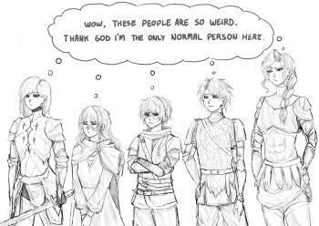 Rule 34 | 2boys, 3girls, absurdres, armor, braid, cassie (shadow slave), cloak, closed eyes, cowboy shot, crossed arms, effie (shadow slave), english text, greyscale, head tilt, highres, holding, holding sword, holding weapon, kai (shadow slave), looking at another, meme, monochrome, multiple boys, multiple girls, nephis (shadow slave), nesih3art, shadow slave, short hair, shoulder armor, single braid, skirt, speech bubble, sunny (shadow slave), sword, thought bubble, tunic, weapon, wow these people are so weird thank god im the only normal person here (meme)