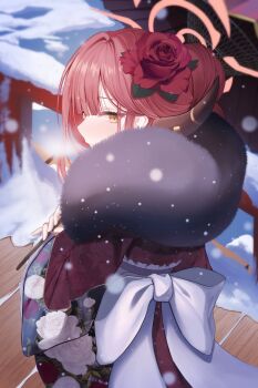 Rule 34 | 1girl, absurdres, aru (blue archive), aru (new year) (blue archive), blue archive, breath, floral print, flower, from behind, fur collar, hair flower, hair ornament, halo, hashtag-only commentary, highres, holding, holding umbrella, horns, japanese clothes, junsick, kimono, looking at viewer, parasol, print kimono, red hair, sidelocks, snow, snowing, umbrella, yellow eyes