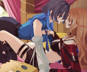 2girls bikini black_bikini black_hair black_pants black_skirt black_sweater blacksmith_(ragnarok_online) blue_hair blue_necktie blue_shirt breasts brown_hair cleavage collared_shirt colored_inner_hair cropped_sweater hair_intakes hashtag-only_commentary highres hololive hololive_english imminent_kiss long_hair long_sleeves loose_necktie multicolored_hair multiple_girls nanashi_mumei necktie ouro_kronii pants red_sweater shirt skirt streaked_hair striped_clothes striped_sweater sweater swimsuit thigh_strap torn_clothes torn_sweater virtual_youtuber yuq_ui yuri