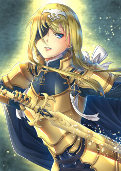 Rule 34 | 1girl, abstract background, alice zuberg, aqua background, armor, blonde hair, blue armor, blue cape, blue coat, blue eyes, cape, coat, commentary, cuirass, english commentary, fragrant olive sword, gauntlets, glowing, gold armor, hair between eyes, headpiece, highres, holding, holding sword, holding weapon, light particles, lips, long hair, long sidelocks, looking at viewer, one eye covered, parted lips, pauldrons, shoulder armor, sidelocks, solo, sword, sword art online, sword art online: alicization, tassets, turtleneck coat, two-tone armor, upper body, v-shaped eyebrows, weapon, white trim, zephx