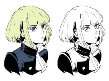 Rule 34 | 1boy, androgynous, ascot, black jacket, blunt bangs, bob cut, closed mouth, commentary request, cropped torso, foxvulpine, jacket, lineart, lio fotia, male focus, promare, purple eyes, short hair, simple background, variations, white ascot, white background