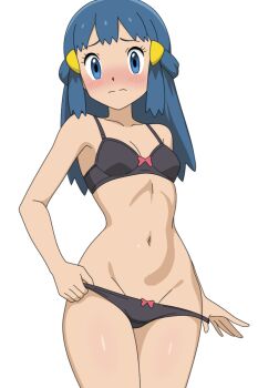 Rule 34 | 1girl, bare arms, black bra, black panties, blue eyes, blue hair, bow, bow panties, bra, breasts, cleavage, closed mouth, collarbone, commentary, cowboy shot, dawn (pokemon), embarrassed, english commentary, hair ornament, long hair, looking at viewer, mnkr98, navel, nintendo, panties, panty pull, pokemon, pokemon (anime), pokemon (creature), pokemon dppt (anime), sidelocks, small breasts, solo, standing, underwear, underwear only