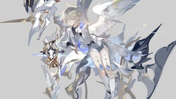 1boy angel angel_wings bishounen blonde_hair blue_eyes feathered_wings grey_background hair_between_eyes halo hashtag-only_commentary highres liulianjingrua long_sleeves looking_at_viewer male_focus original shirt short_hair shorts simple_background socks solo white_wings wings