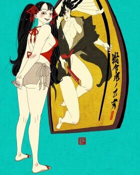 1girl absurdres arms_behind_back black_hair blush breasts brown_eyes chinese_clothes commentary dudou english_commentary fine_art_parody framed full_body hairband highres inkan long_hair looking_at_viewer looking_back medium_breasts nihonga nose_blush original painting_(object) parody red_hairband sandals sei5osuzuki short_shorts shorts side-tie_shorts sideboob smile aqua_background twintails very_long_hair