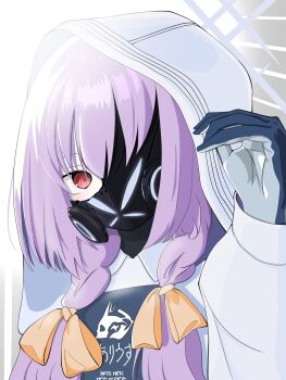 atsuko_(blue_archive) black_mask blue_archive blue_gloves bulletproof_vest gloves halo highres hood hoodie one_eye_covered purple_hair purple_halo red_eyes taviazy78j83284 twintails two-tone_gloves white_background white_hoodie