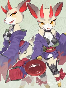 1girl absurdres alcohol animal_crossing animal_ears ankle_bow ankle_ribbon bare_shoulders black_eyeliner body_fur bow breasts cosplay cup dated deer_ears deer_girl deer_tail eyeliner eyeshadow fang fate/grand_order fate_(series) full_body furry furry_female green_background highres hikimayu holding holding_cup hooves horns japanese_clothes kame_(3t) kimono leaf_print leg_armor long_sleeves makeup medium_breasts multiple_views nintendo obi obijime off_shoulder open_mouth print_background purple_kimono red_bow red_eyeshadow red_horns red_sash revealing_clothes ribbon sakazuki sake sash shino_(animal_crossing) short_kimono shuten_douji_(fate) shuten_douji_(fate)_(cosplay) signature smile strap_gap tail wide_sleeves yellow_eyes