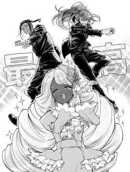 1girl 2boys alternate_costume ascot between_fingers blush dark-skinned_female dark-skinned_male dark_skin dress facial_hair fascinator fiz_breakfast formal_clothes frilled_ascot frilled_dress frills fujoshi gloves greyscale grin hair_ornament half-closed_eyes hands_up highres holding holding_poke_ball jacinthe_(pokemon) juliet_sleeves leon_(pokemon) long_hair long_sleeves looking_at_viewer low_drills monochrome multiple_boys nintendo open_mouth own_hands_together parted_lips poke_ball pokemon pokemon_legends:_z-a pokemon_swsh ponytail puffy_sleeves raihan_(pokemon) smile smirk sparkle suit ultra_ball undercut very_dark_skin