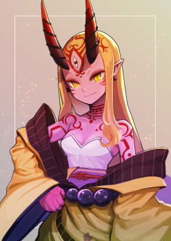 Rule 34 | 1girl, bare shoulders, blonde hair, body markings, breasts, commentary request, daitai konna kanji, facial mark, fate/grand order, fate (series), forehead mark, highres, horns, ibaraki douji (fate), long hair, looking at viewer, off shoulder, oni, pointy ears, small breasts, smile, solo, yellow eyes