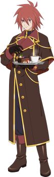 Rule 34 | 1boy, artist request, black gloves, black pants, boots, brown boots, brown coat, brown eyes, cake, chocolate cake, closed mouth, coat, coffee mug, cup, food, fruit, full body, game cg, gloves, gold trim, high collar, highres, holding, holding tray, kratos aurion, long coat, looking at viewer, male focus, medium hair, mug, official alternate costume, official art, pants, red hair, solo, standing, strawberry, strawberry slice, tales of (series), tales of asteria, tales of symphonia, third-party source, transparent background, tray