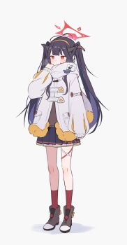 1girl alternate_costume black_skirt blue_archive blush boots closed_mouth commentary_request full_body fuuka_(blue_archive) grey_background hairband halo highres horns jacket long_hair long_sleeves multicolored_hair nuudoru orange_hairband pleated_skirt purple_hair red_eyes red_socks scarf simple_background skirt sleeves_past_wrists socks solo standing twintails very_long_hair