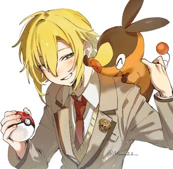 1boy ^_^ blonde_hair closed_eyes collared_shirt crossover gen_5_pokemon green_eyes grey_jacket grin highres holding holding_poke_ball jacket long_sleeves male_focus necktie ni_22 nijisanji nintendo open_mouth poke_ball poke_ball_(basic) pokemon pokemon_(creature) red_necktie shirt simple_background smile sweater_vest tepig twitter_username upper_body uzuki_kou uzuki_kou_(3rd_costume) virtual_youtuber white_background white_shirt