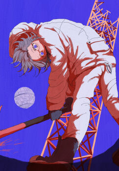 1boy absurdres aotsuki_eito black_gloves black_shoes commentary_request from_below glasses gloves grey_hair highres holding holding_weapon hood hood_up jacket koka-ka_metoro looking_at_viewer looking_down male_focus pants pocket purple_background purple_eyes radio_tower satellite shoes short_hair solo the_hundred_line_-last_defense_academy- weapon white_jacket white_pants