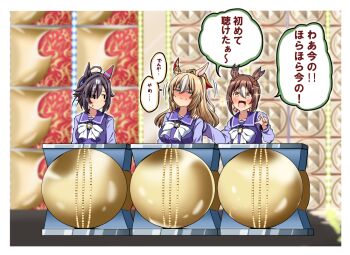 3girls ahoge animal_ears believe_(umamusume) black_hair blue_eyes breasts collarbone commentary_request durandal_(umamusume) fine_motion_(umamusume) hair_between_eyes hair_ornament horse_ears ku_koro large_breasts long_hair looking_at_viewer multiple_girls open_mouth pointing shino_(ponjiyuusu) sitting sparkle stage sweatdrop translation_request umamusume
