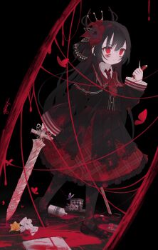 1girl absurdres agexnit black_background black_hair black_horns black_pantyhose black_shirt black_shoes black_skirt blood bug butterfly closed_mouth corruption dark_persona extra_eyes flower full_body hair_flower hair_ornament hat highres holding holding_pen holding_sword holding_weapon horns insect loafers long_hair long_sleeves mahou_shoujo_no_majo_saiban necktie nikaido_hiro overskirt pantyhose paper pen pleated_skirt red_butterfly red_eyes red_flower red_necktie red_skirt shirt shoes skirt solo spoilers spray_can standing sword unworn_hat unworn_headwear walking weapon