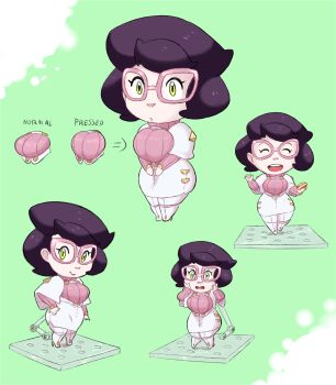 1girl absurdres big_hair breasts capelet fimif glasses green_eyes high-waist_skirt highres large_breasts nendoroid nintendo pink-framed_eyewear pink_sweater pokemon pokemon_sm purple_hair ribbed_sweater shortstack skirt sweater sweater_guard turtleneck turtleneck_sweater white_capelet white_skirt wicke_(pokemon) wide_hips