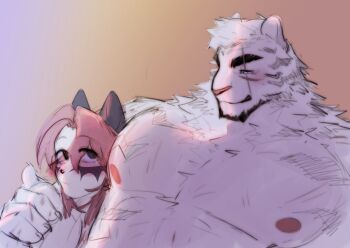 2boys abs animal_ears arknights artist_self-insert bara cat_boy cat_ears claws commentary consagratum cross_scar english_commentary facial_scar furry furry_male hand_on_another's_shoulder highres looking_at_another male_focus mountain_(arknights) multiple_boys multiple_scars muscular muscular_male nipples original pectorals pink_hair scar scar_across_eye scar_across_eyebrow scar_on_cheek scar_on_face scar_on_hand smile tiger_boy tiger_ears tiger_stripes topless_male yaoi