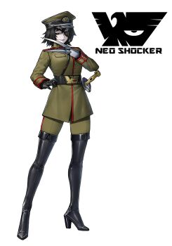 Rule 34 | 1girl, belt, belt buckle, black belt, black boots, black gloves, black hair, blue eyeliner, boots, buckle, commentary, commentary request, eidenjyou1997, emblem, english commentary, eyeliner, eyepatch, full body, genderswap, genderswap (mtf), general monster, gloves, green hat, green jacket, green pants, hand on own hip, hat, high heel boots, high heels, highres, jacket, kamen rider, long sleeves, looking at viewer, makeup, mechanical arms, medium hair, military dress uniform, military hat, military jacket, military uniform, neo kamen rider, pants, parted lips, peaked cap, print eyepatch, sheath, sheathed, shocker (kamen rider), shoulder boards, simple background, single glove, single mechanical arm, smirk, standing, sword, teeth, thigh boots, weapon, white background, yellow eyes