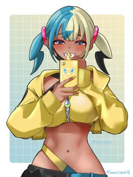 1girl bandeau blue_eyes border breasts canari_(pokemon) commentary copyright_name cropped_jacket eyelashes gen_4_pokemon grid_background grin hands_up highres holding holding_phone jacket long_sleeves looking_at_viewer mask mask_pull midoridama mouth_mask multicolored_hair nail_polish navel nintendo open_clothes open_jacket outside_border phone pokemon pokemon_legends:_z-a raised_inner_eyebrows rotom rotom_phone short_twintails sleeves_past_wrists smile stomach strap teeth twintails white_border yellow_bandeau yellow_jacket yellow_nails zipper zipper_pull_tab