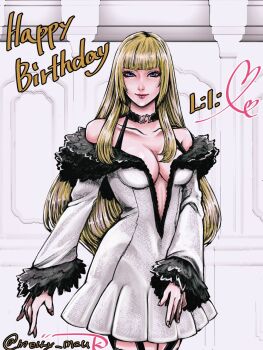 1girl blonde_hair blue_eyes breasts cleavage dress emilie_de_rochefort happy_birthday large_breasts lips long_hair long_sleeves merry_mcuk tekken tekken_8 wide_sleeves
