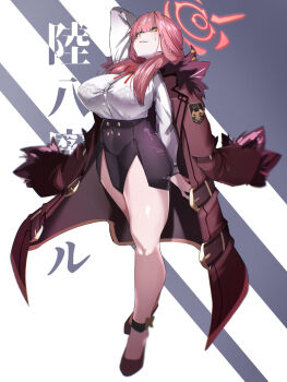 1girl aru_(blue_archive) black_skirt blue_archive blush bralines breasts brown_coat coat coat_on_shoulders collared_shirt commentary_request dress_shirt full_body fur-trimmed_coat fur_trim gloves halo high_heels highres horns large_breasts long_hair long_sleeves looking_at_viewer neck_ribbon pencil_skirt pink_hair ri_o_ne_su ribbon shirt skirt solo translation_request white_gloves white_shirt yellow_eyes