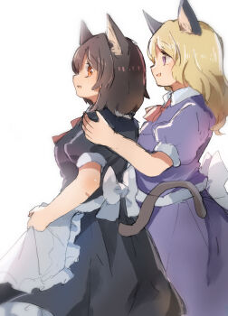 2girls animal_ears apron back_bow black_dress blonde_hair bow brown_hair cat_ears cat_girl cat_tail dress highres maid_apron maribel_hearn medium_hair multiple_girls orange_eyes purple_dress purple_eyes short_hair shukinuko tail touhou upper_body usami_renko