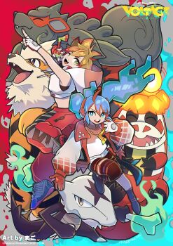 ahoge alolan_form alolan_marowak arcanine blonde_hair blue_eyes blue_hair bone crocalor fangs fire fire_miku_(project_voltage) gen_1_pokemon gen_7_pokemon gloves hatsune_miku headphones highres hisuian_arcanine holding holding_bone jacket jewelry long_hair looking_at_viewer multicolored_hair nintendo official_art open_clothes open_jacket open_mouth pokemon pokemon_(creature) project_voltage puffy_sleeves shirt smile teeth tongue twintails two-tone_hair vocaloid
