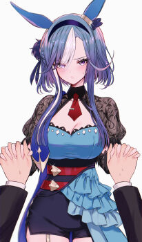 1boy 1girl absurdres admire_groove_(umamusume) animal_ears blue_hair breasts commentary_request ear_covers highres holding_hands horse_ears horse_girl large_breasts mole mole_under_mouth multicolored_hair pov pov_hands purple_eyes simple_background streaked_hair tetora_(oudonoishiize) trainer_(umamusume) umamusume white_background white_streaks