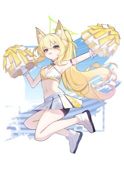 1girl absurdres alternate_costume alternate_hairstyle animal_ear_fluff arm_strap bare_shoulders bike_shorts black_shorts blonde_hair blue_archive blush breasts cheering cheerleader cleavage commentary detached_collar floating_hair full_body green_eyes green_halo hair_between_eyes halo hand_up highres holding holding_pom_poms jumping kurumi_(blue_archive) long_hair looking_at_viewer millennium_cheerleader_outfit_(blue_archive) miniskirt name_tag navel open_mouth outstretched_arm pleated_skirt pom_pom_(cheerleading) pom_poms ponytail shoes shok_(shovelkun) shorts shorts_under_skirt sidelocks simple_background skirt small_breasts sneakers solo stomach sweat thighs triangle_halo two_side_up v-shaped_eyebrows very_long_hair white_background white_shoes white_skirt