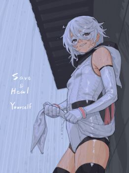 1girl absurdres blush breasts bukimi_isan commentary_request elbow_gloves english_text eye_mask gloves hair_between_eyes highres looking_at_viewer mask rain red_eyes short_hair shy_(character) shy_(series) small_breasts smile solo thighs wet wet_clothes wet_hair white_gloves white_hair white_mask