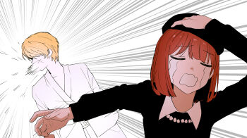 1boy 1girl arima_kana black_dress blonde_hair bob_cut crying dress highres hoshino_aquamarine japanese_clothes jujutsu_kaisen kimono motion_lines naoya_hitting_choso_without_looking_(meme) oshi_no_ko parody red_hair short_hair slapping speed_lines wavy_mouth white_background white_kimono zenin_naoya