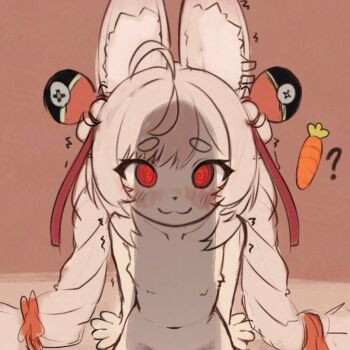 1girl ? @_@ ahoge animal_ear_fluff blush carrot furry furry_female kurohi_drw loli navel nervous penis_shadow rabbit_ears red_eyes thick_eyebrows trembling zenless_zone_zero zhao_(zenless_zone_zero)