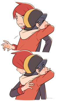 2boys ^_^ arms_around_neck backwards_hat baseball_cap black_hair black_shirt blush chueog closed_eyes commentary_request ethan_(pokemon) eyes_visible_through_hair grey_eyes hand_on_another&#039;s_back hat highres hood hood_down hover_hand hug jacket korean_commentary long_sleeves male_focus multiple_boys nintendo open_mouth parted_bangs pokemon pokemon_hgss red_hair red_jacket sequential shirt silver_(pokemon) sleeve_cuffs sweatdrop white_background wide-eyed