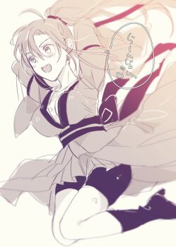 1girl ahoge amana_raika arms_up bike_shorts blush boots breasts chinese_clothes cleavage commentary_request genderswap genderswap_(mtf) hair_ribbon hanfu heart high_heel_boots high_heels highres jumping large_breasts long_hair long_sleeves modao_zushi monochrome open_mouth pleated_skirt ponytail red_ribbon ribbon robe sash sidelocks skirt smile solo speech_bubble spot_color wei_wuxian wide_sleeves