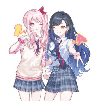 1girl 1other ;p akiyama_mizuki black_hair blue_hair blue_skirt breast_pocket breasts collared_shirt commentary_request cowboy_shot diagonal-striped_clothes diagonal-striped_necktie domyo dress_shirt finger_to_cheek flat_chest gradient_hair grin gyaru_v hair_behind_ear hair_ornament hair_ribbon hairclip hand_on_another's_back highres index_finger_raised kamiyama_high_school_uniform_(project_sekai) korean_commentary long_hair long_sidelocks looking_at_viewer medium_breasts multicolored_hair necktie one_eye_closed orange_eyes pink_eyes pink_hair pink_shirt plaid_clothes plaid_skirt pleated_skirt pocket project_sekai red_ribbon ribbon school_uniform shiraishi_an shirt shirt_tucked_in short_sleeves side_ponytail sidelocks simple_background skirt sleeves_pushed_up smile standing star_(symbol) star_hair_ornament striped_clothes striped_necktie sweater_vest swept_bangs tongue tongue_out v v-neck watermark wavy_hair white_background white_shirt yellow_sweater_vest